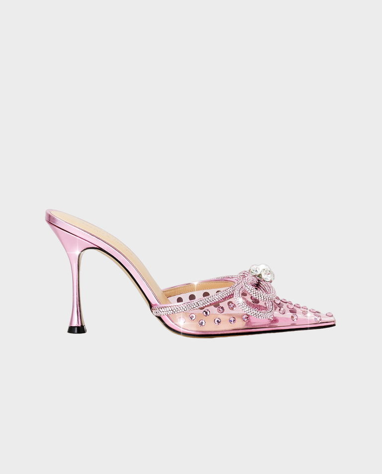 Różowe mule z kryształową kokardą