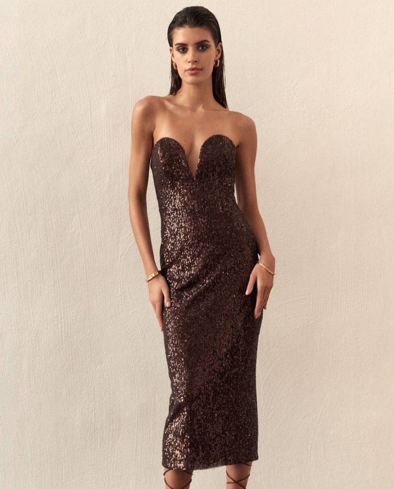 Brązowa cekinowa sukienka z gorsetem Rosa