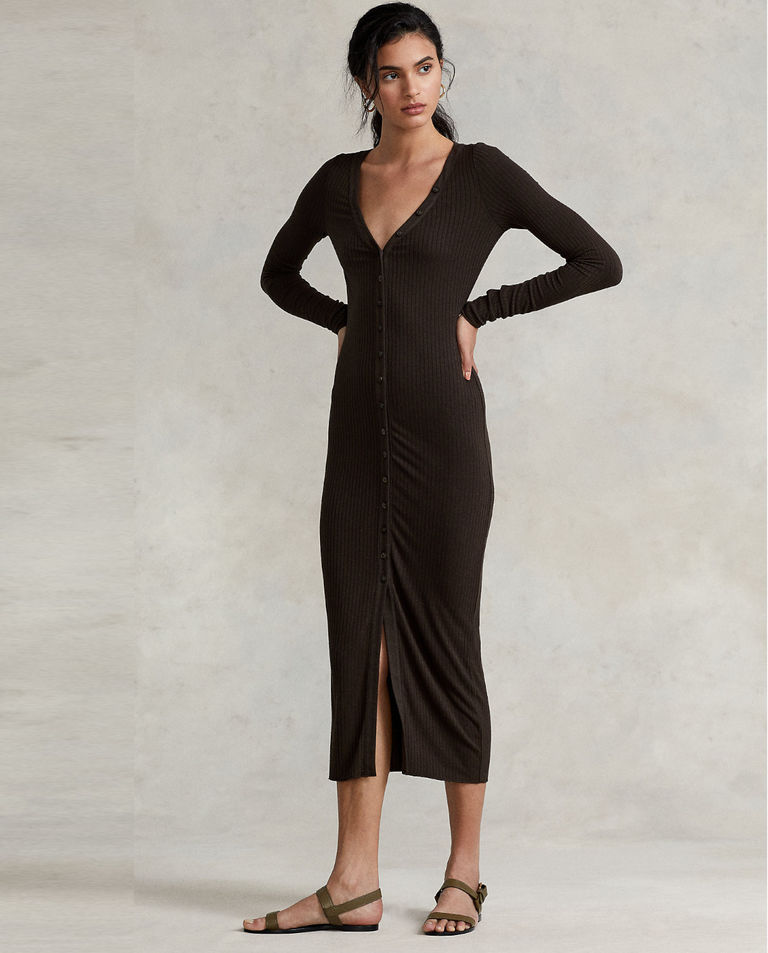 Oliwkowa sukienka midi w prążki