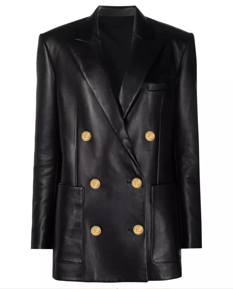 Dwurzędowa skórzana marynarka z logowanymi guzikami