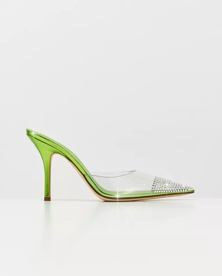 Zielone mule z PVC z kryształami