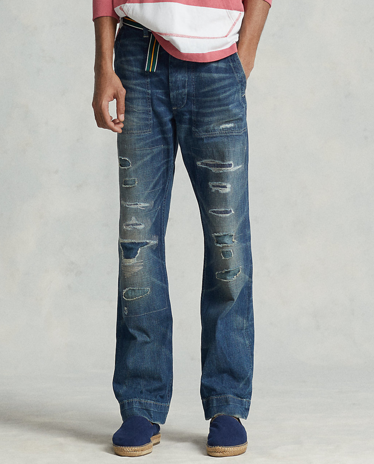 Niebieskie jeansy z ozdobnymi przetarciami Classic Fit