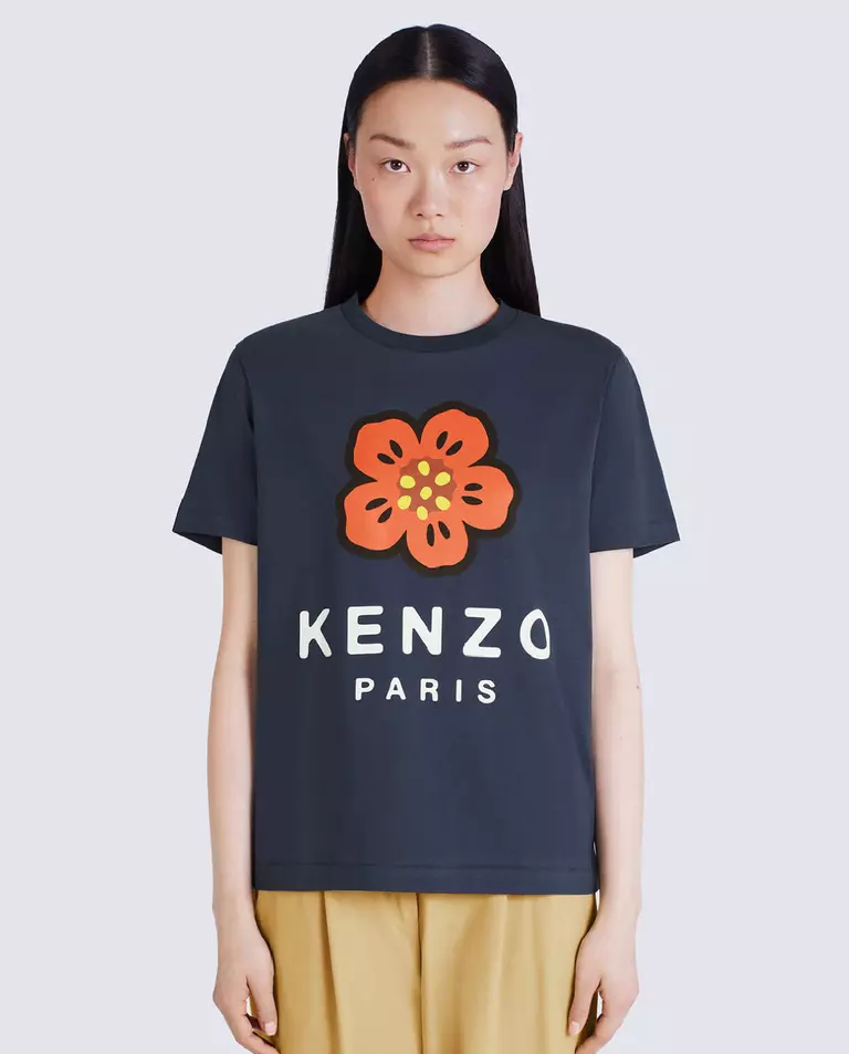 Granatowy bawełniany t-shirt z nadrukiem Boke Flower