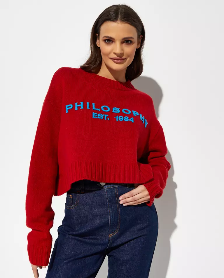 Krótki wełniany sweter z logo