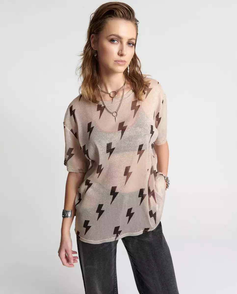 Beżowy t-shirt oversize w błyskawice - Image #0