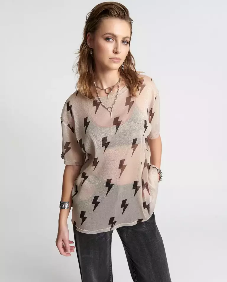 Beżowy t-shirt oversize w błyskawice - Image #0