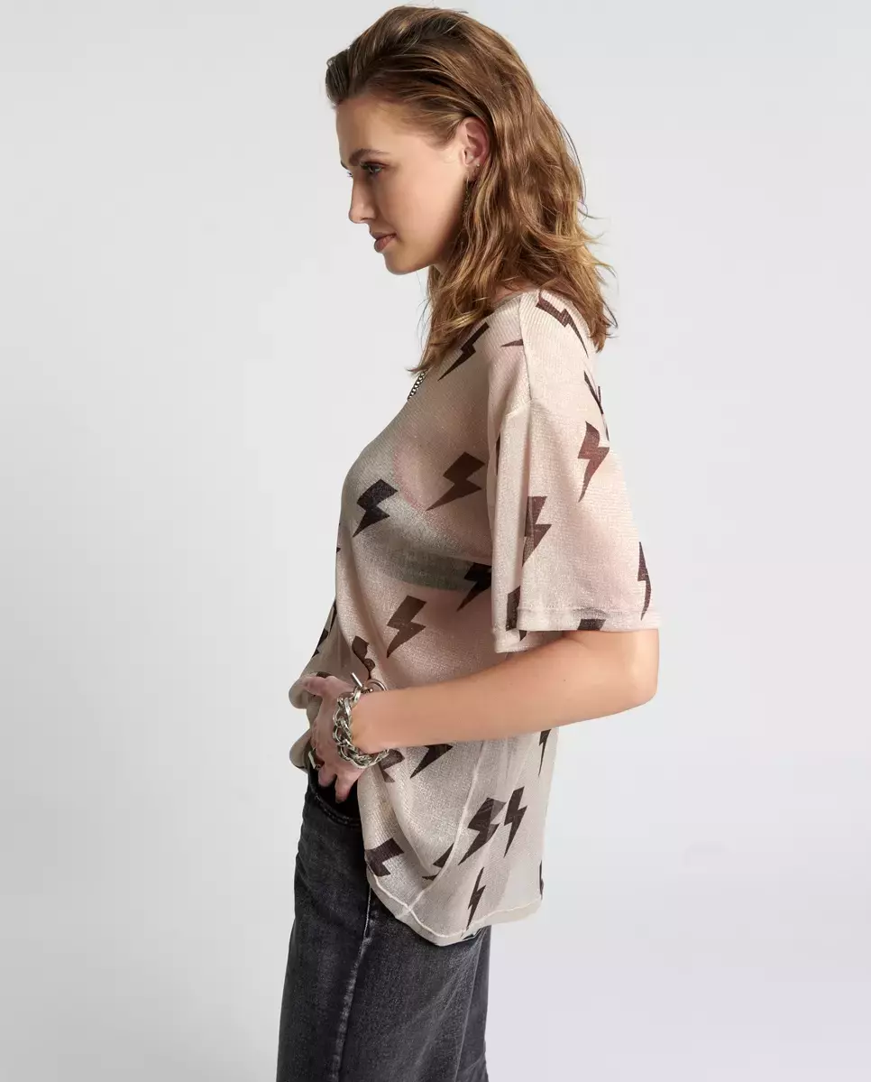 Beżowy t-shirt oversize w błyskawice - Image #3