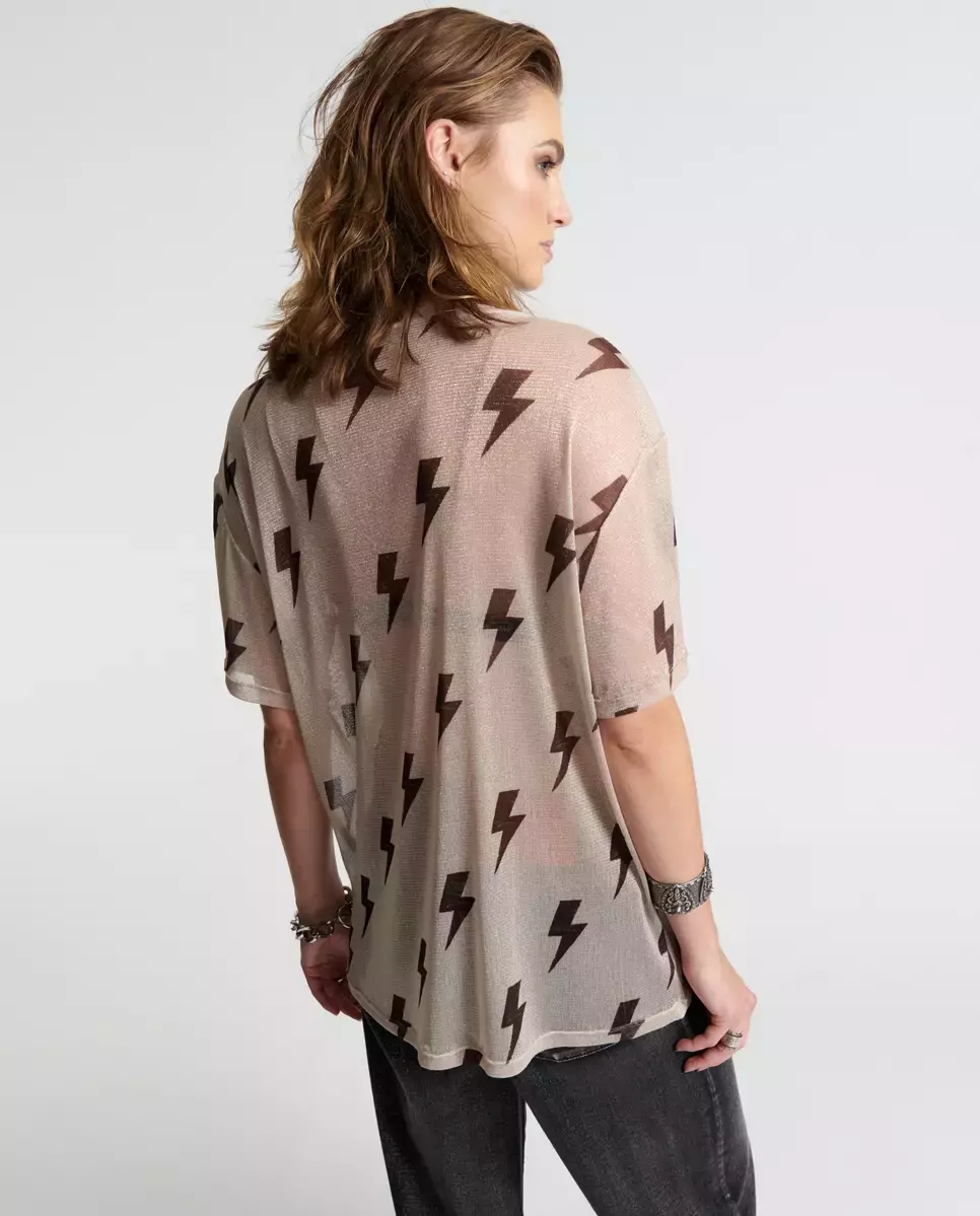 Beżowy t-shirt oversize w błyskawice - Image #2
