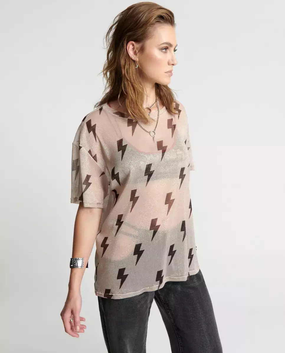 Beżowy t-shirt oversize w błyskawice - Image #4
