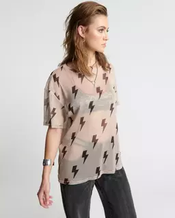 Beżowy t-shirt oversize w błyskawice - Image #4
