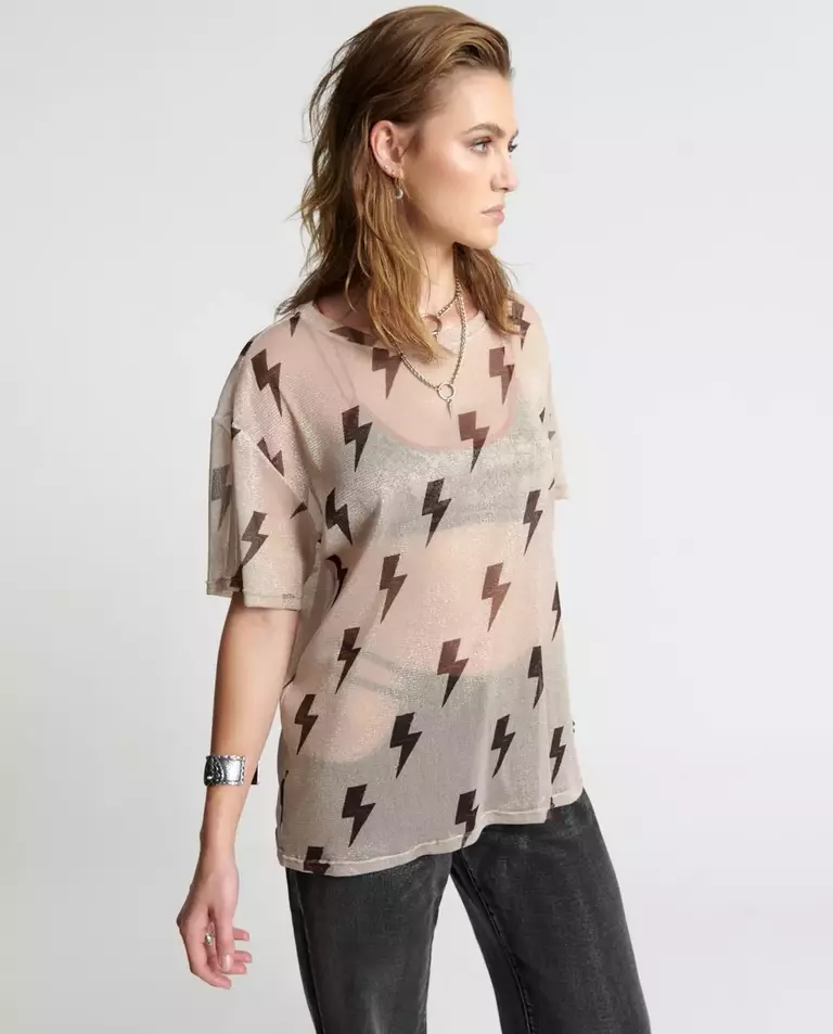 Beżowy t-shirt oversize w błyskawice - Image #4