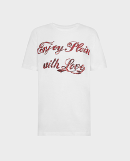 Biały t-shirt z cekinowym napisem - Image #0