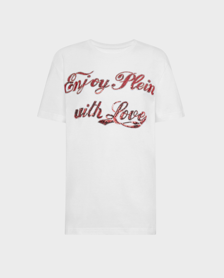 Biały t-shirt z cekinowym napisem