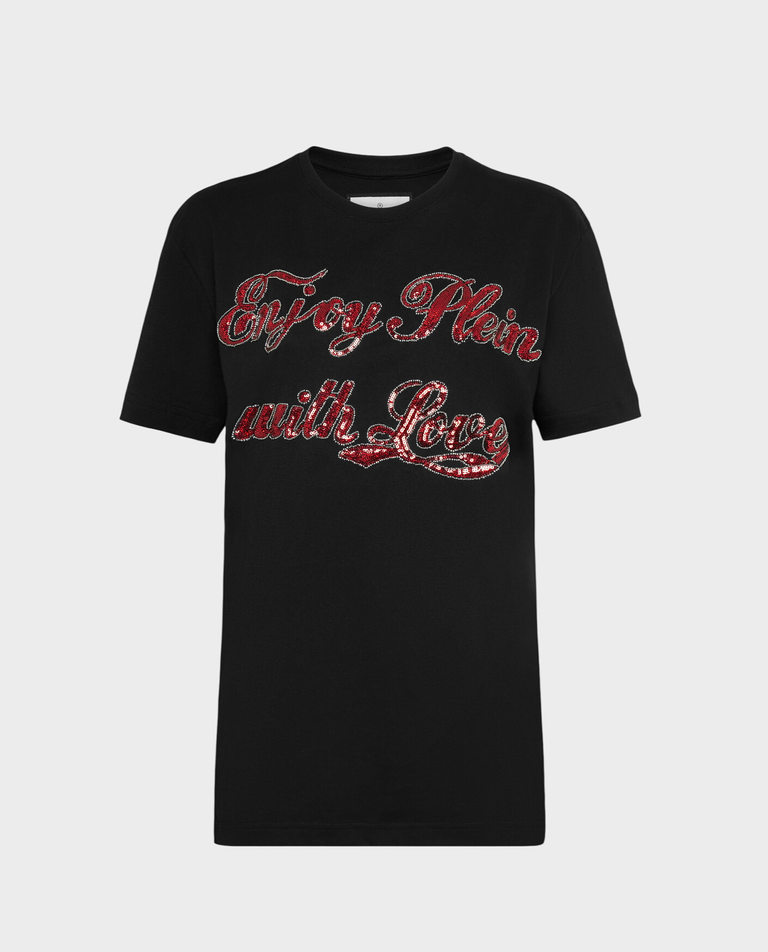 Czarny t-shirt z cekinowym napisem