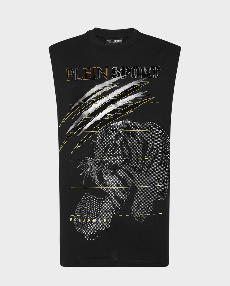 Czarny tank top z błyszczącym nadrukiem