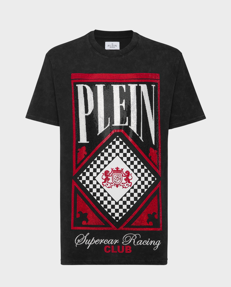 Czarny t-shirt z kryształowym nadrukiem