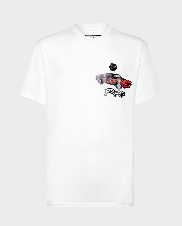 Biały t-shirt z nadrukiem wyścigówki