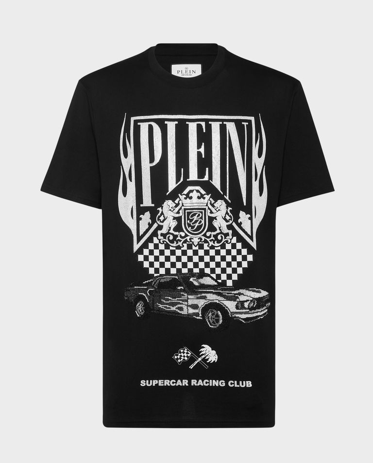 T-shirt ozdobiony kryształami i logo