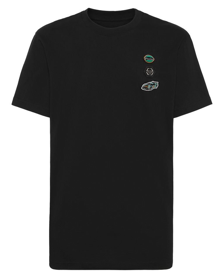 Czarny bawełniany t-shirt z naszywkami - Image #4
