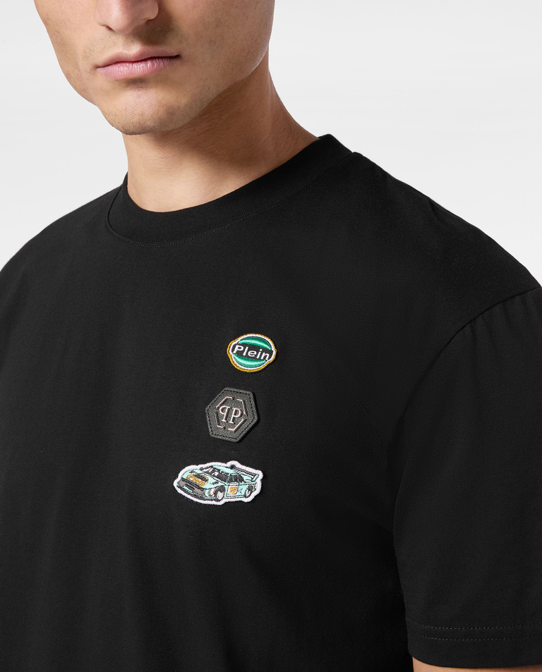 Czarny bawełniany t-shirt z naszywkami - Image #3