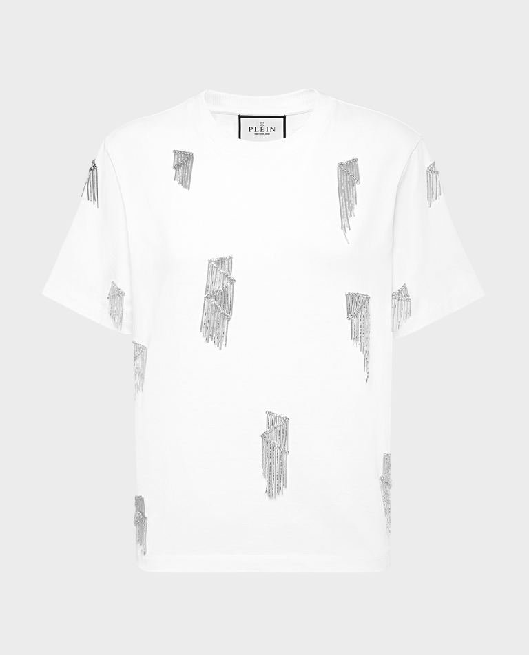 Biały t-shirt z ozdobnymi frędzlami