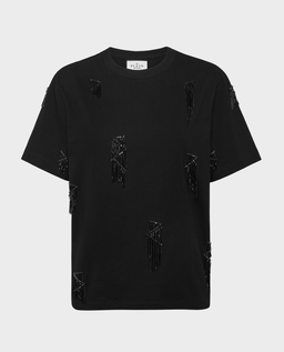 Czarny t-shirt z ozdobnymi frędzlami - Image #0