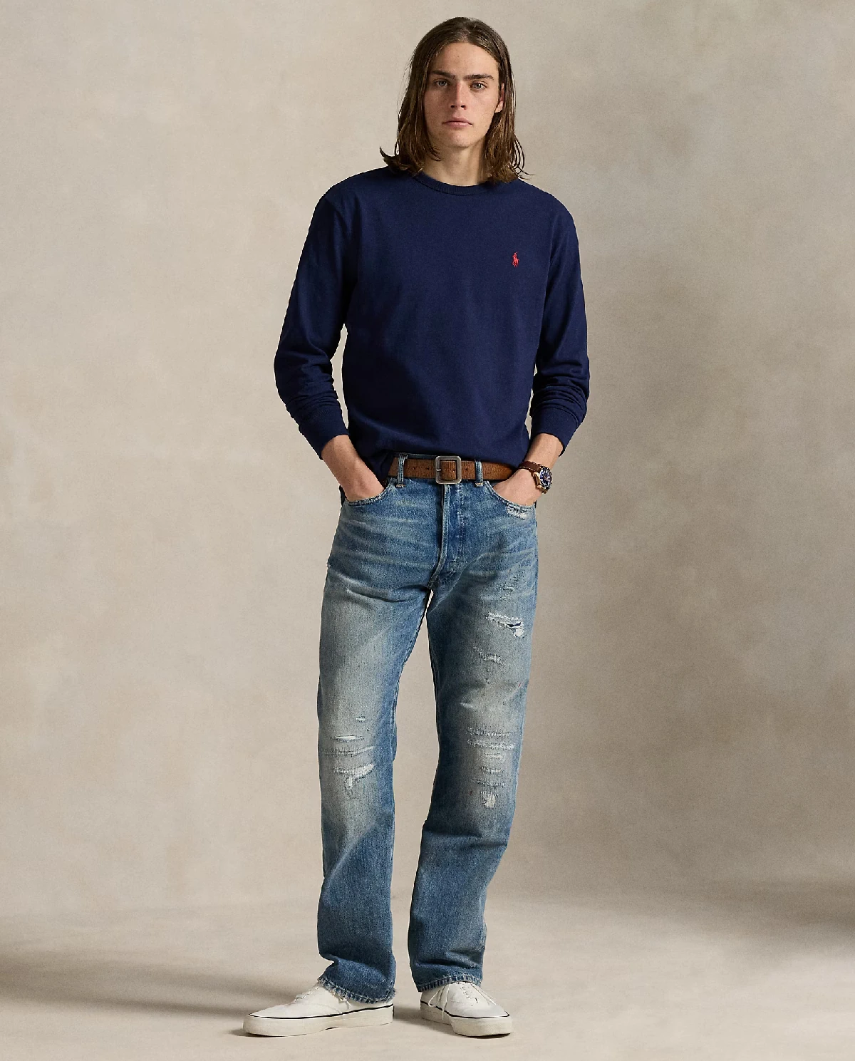 Granatowa koszulka z długim rękawem Classic Fit - Image #2