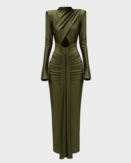 Oliwkowa maxi sukienka z drapowaniem AGATHE - Image #4