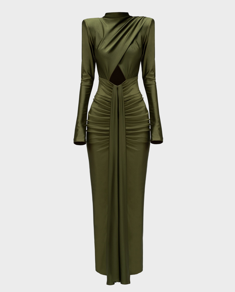 Oliwkowa maxi sukienka z drapowaniem AGATHE - Image #4