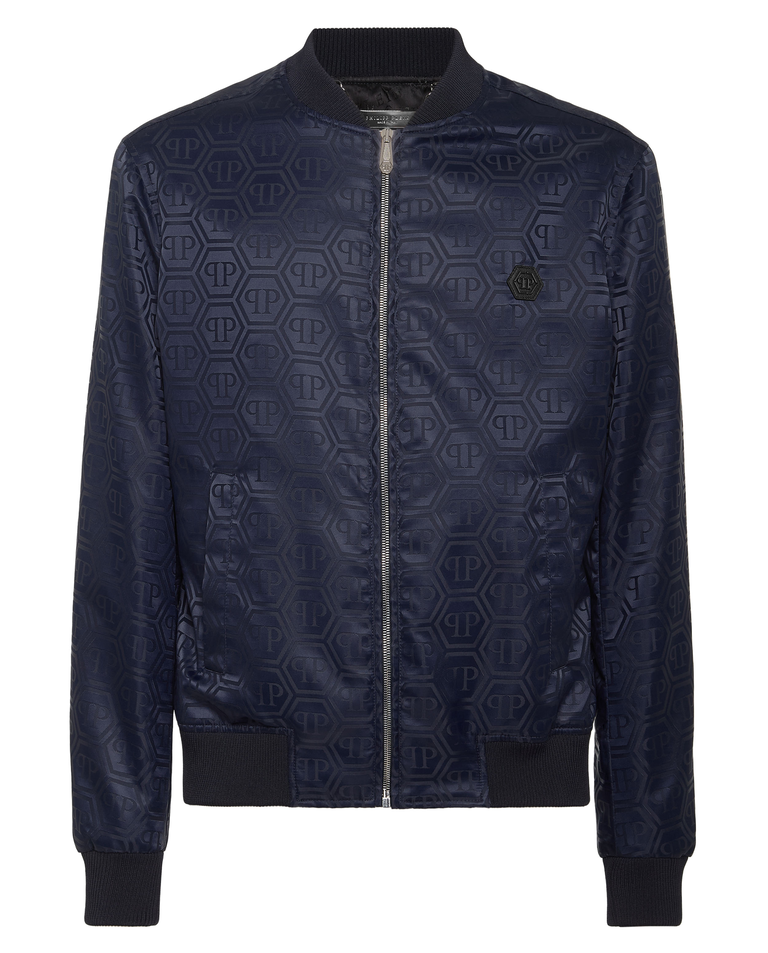 Granatowa kurtka bomber z monogramem - Image #5