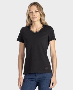Czarny t-shirt z ozdobnym dekoltem - Image #0