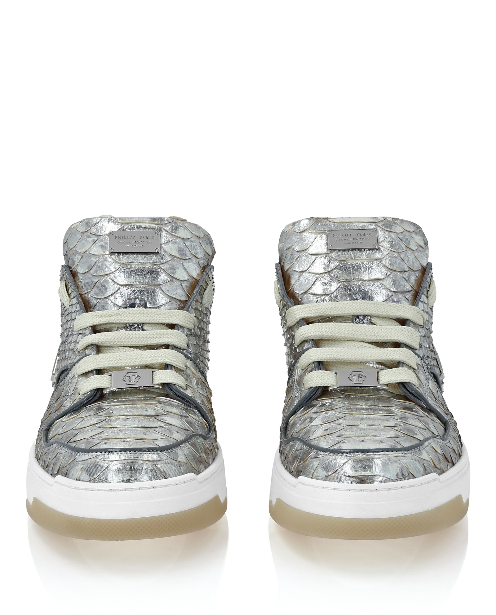 Srebrne skórzane sneakersy - Image #2