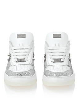 Biało-srebrne skórzane sneakersy - Image #4