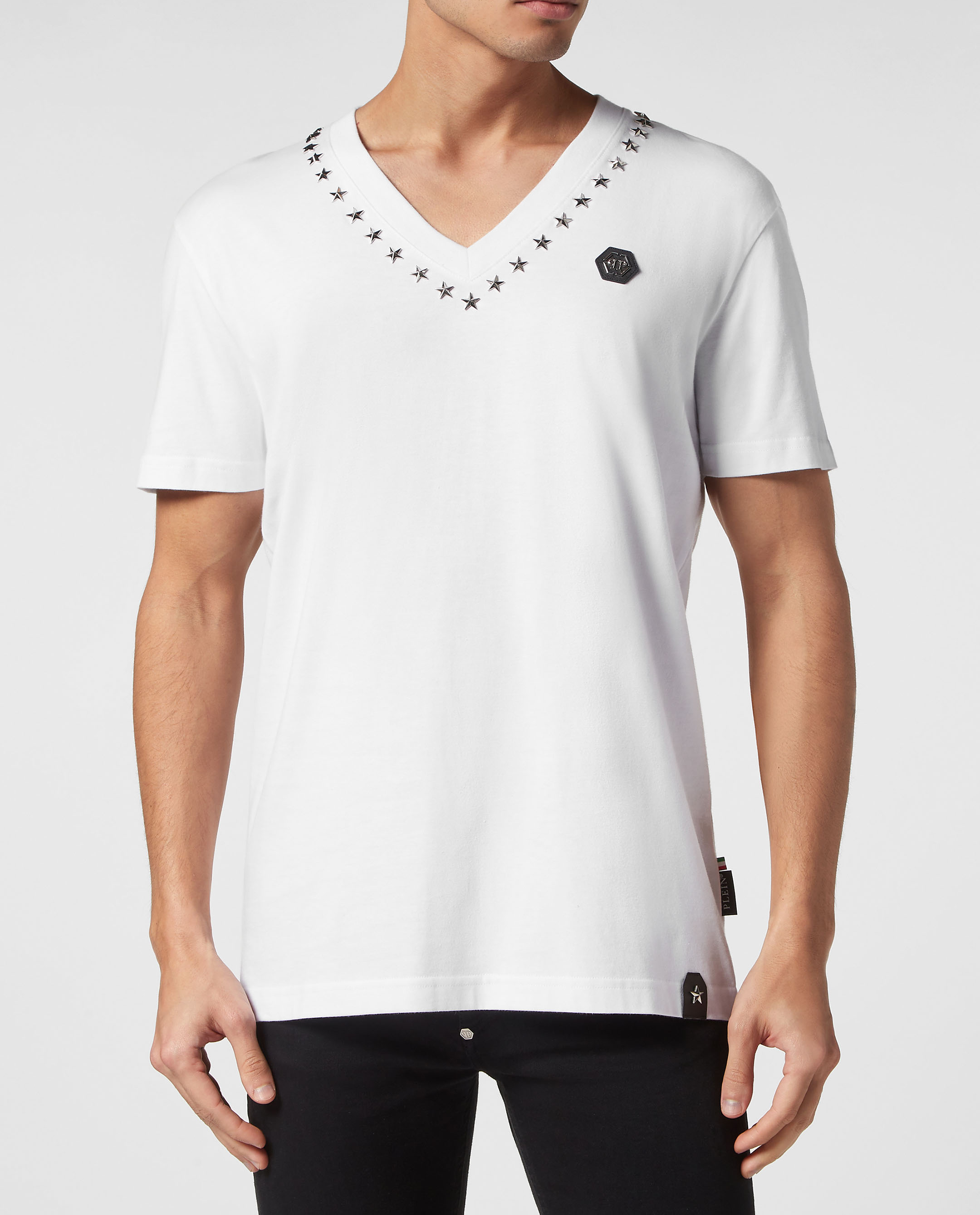 Tシャツ・カットソー PHILIPP PLEIN Men T-shirt White PAECMTK8122PJY002N 0201 White T-shirt with rhinestones brand PHILIPP PLEIN