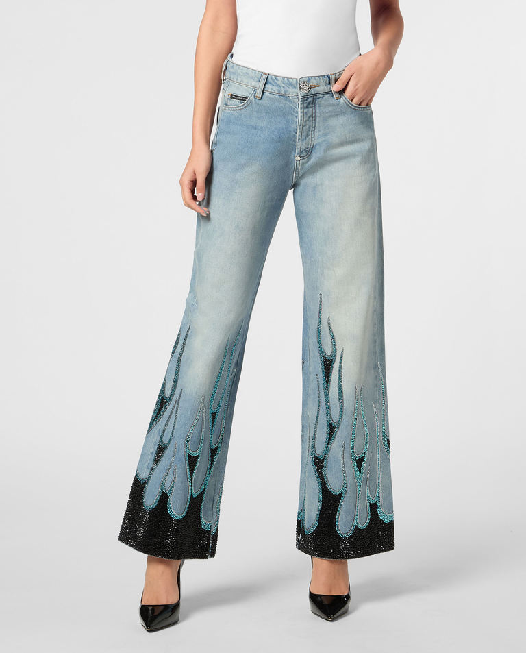 Jeansy Skater Fit Strass Flame - Image #0