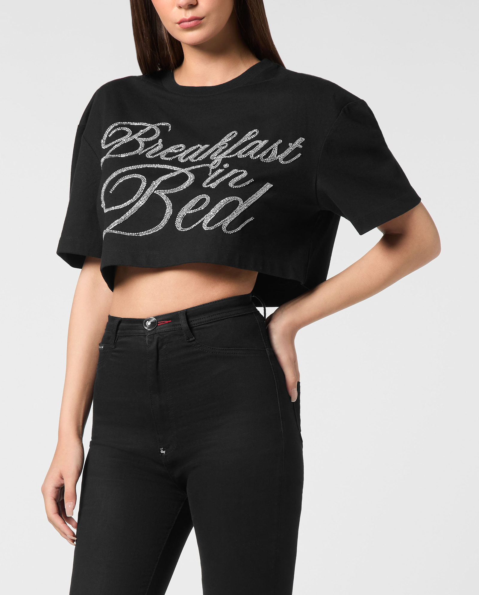 Czarny crop top z nadrukiem - Image #0