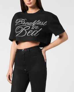 Czarny crop top z nadrukiem - Image #0