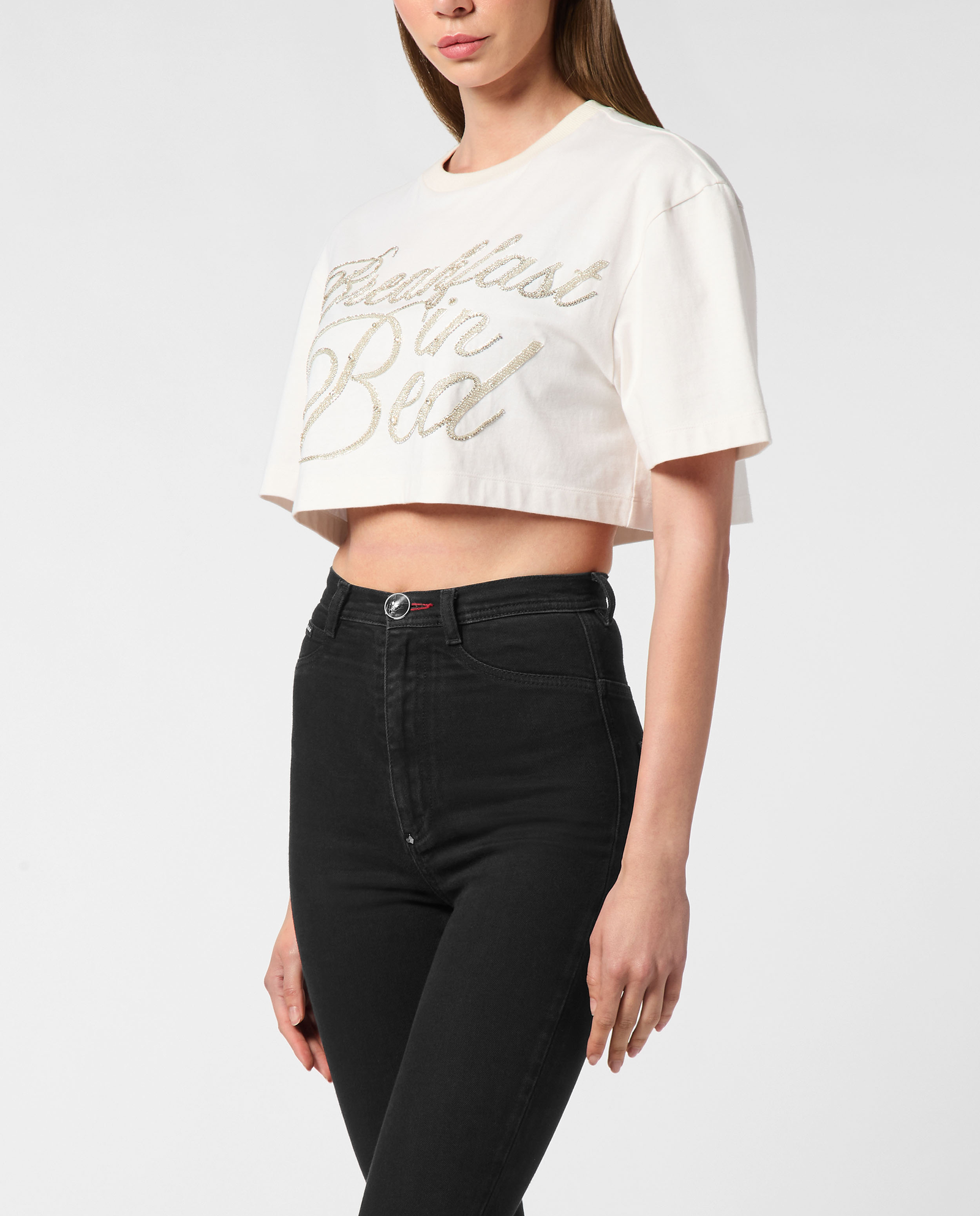 Biały crop top z nadrukiem - Image #0