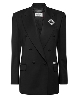 Czarna dwurzędowa marynarka z ozdobną broszką - Image #1