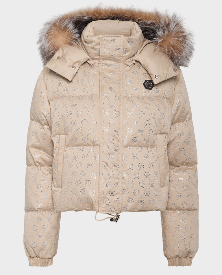 Beżowa kurtka puchowa z monogramem Strass