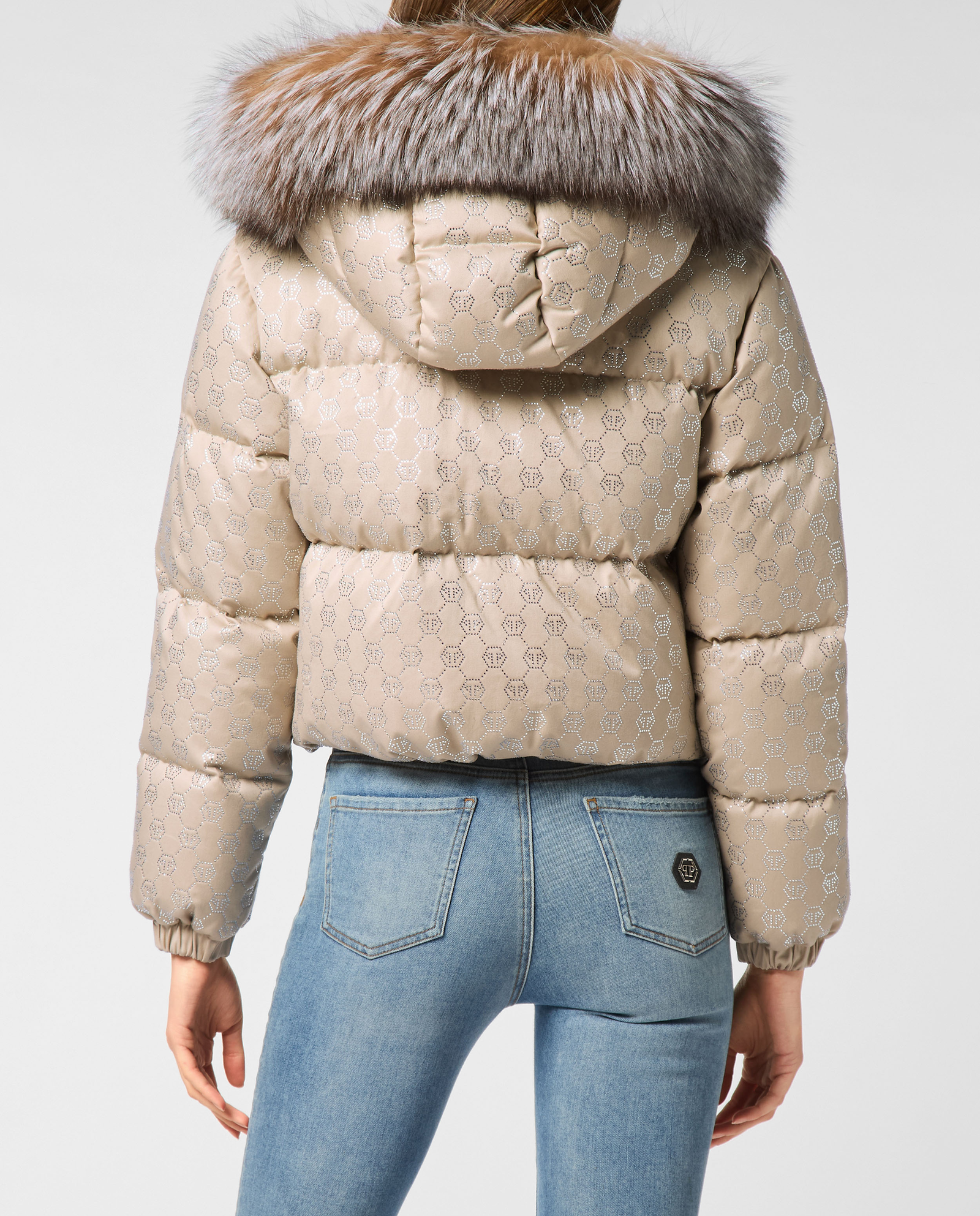Beżowa kurtka puchowa z monogramem Strass - Image #3