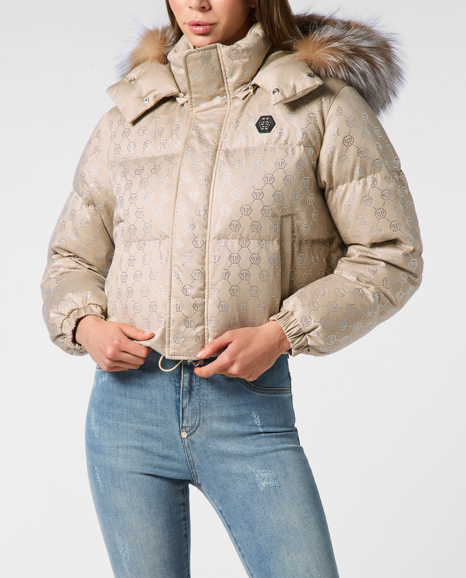 Beżowa kurtka puchowa z monogramem Strass - Image #0