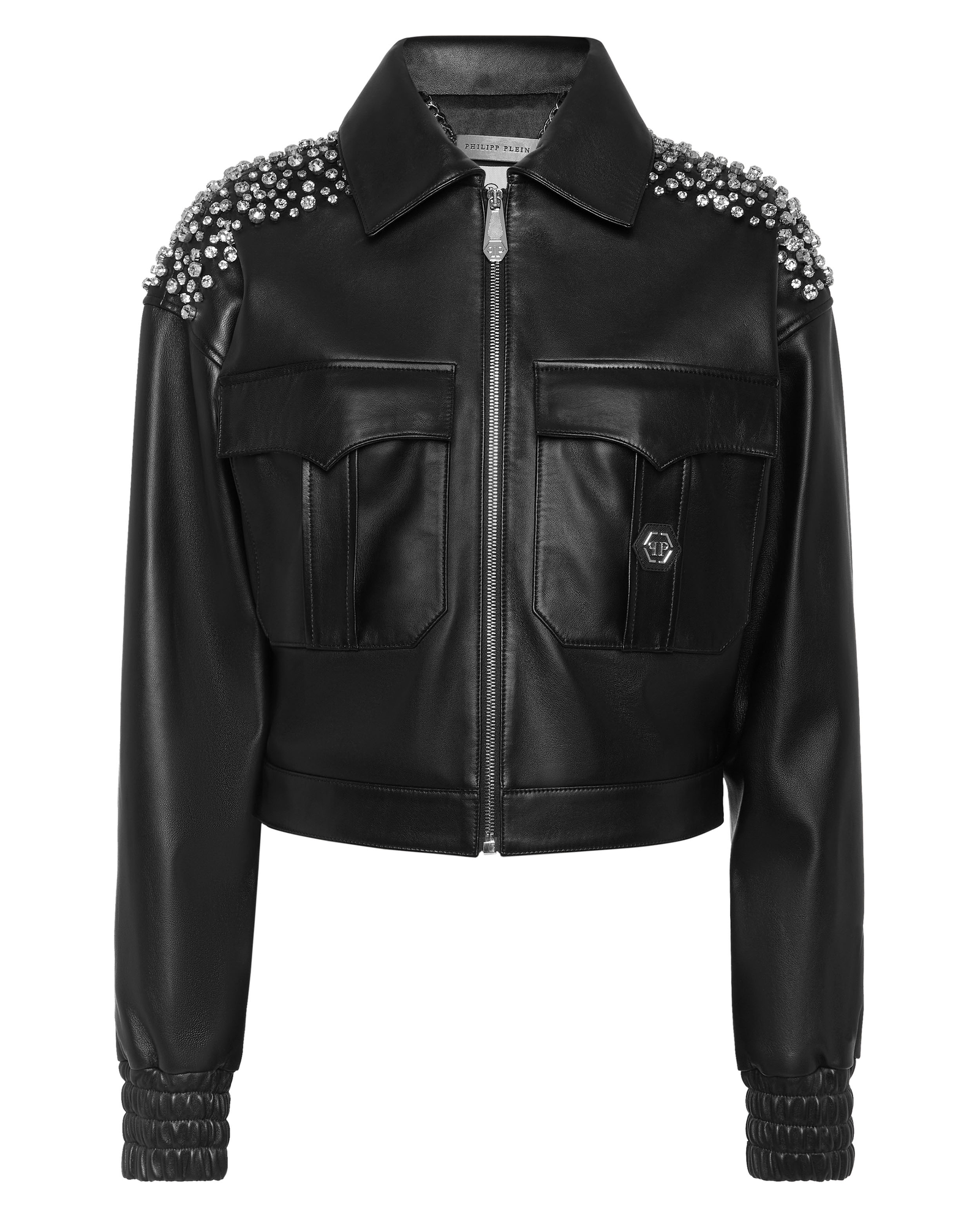 Czarna skórzana kurtka z kryształkami - Image #1