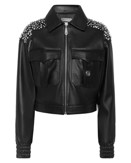 Czarna skórzana kurtka z kryształkami - Image #1