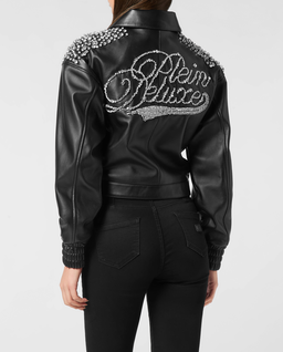 Czarna skórzana kurtka z kryształkami - Image #3
