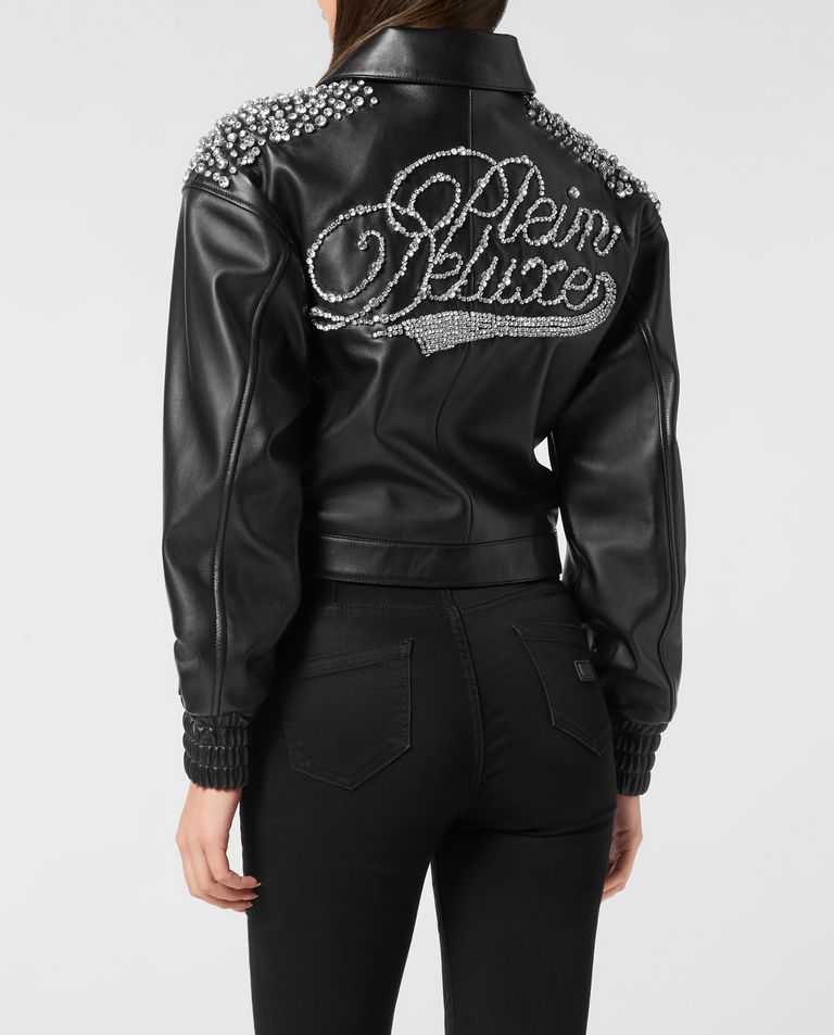 Czarna skórzana kurtka z kryształkami - Image #3