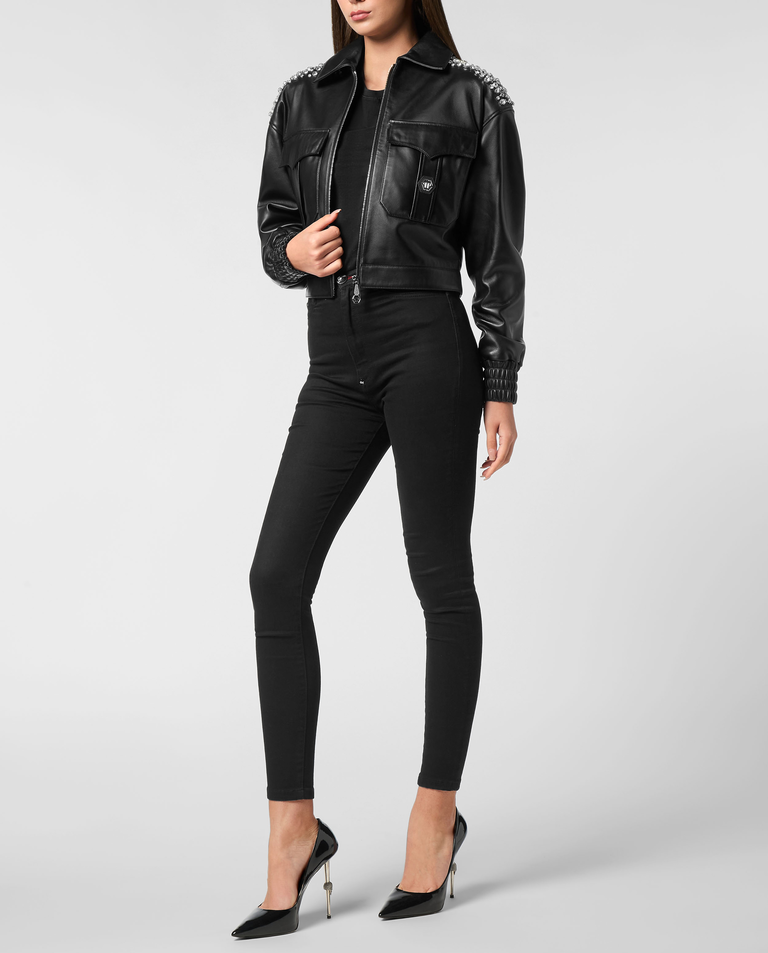 Czarna skórzana kurtka z kryształkami - Image #2