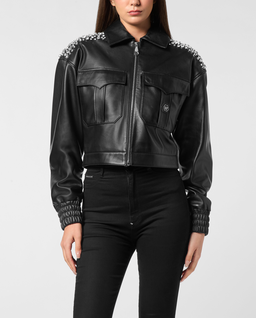 Czarna skórzana kurtka z kryształkami - Image #0
