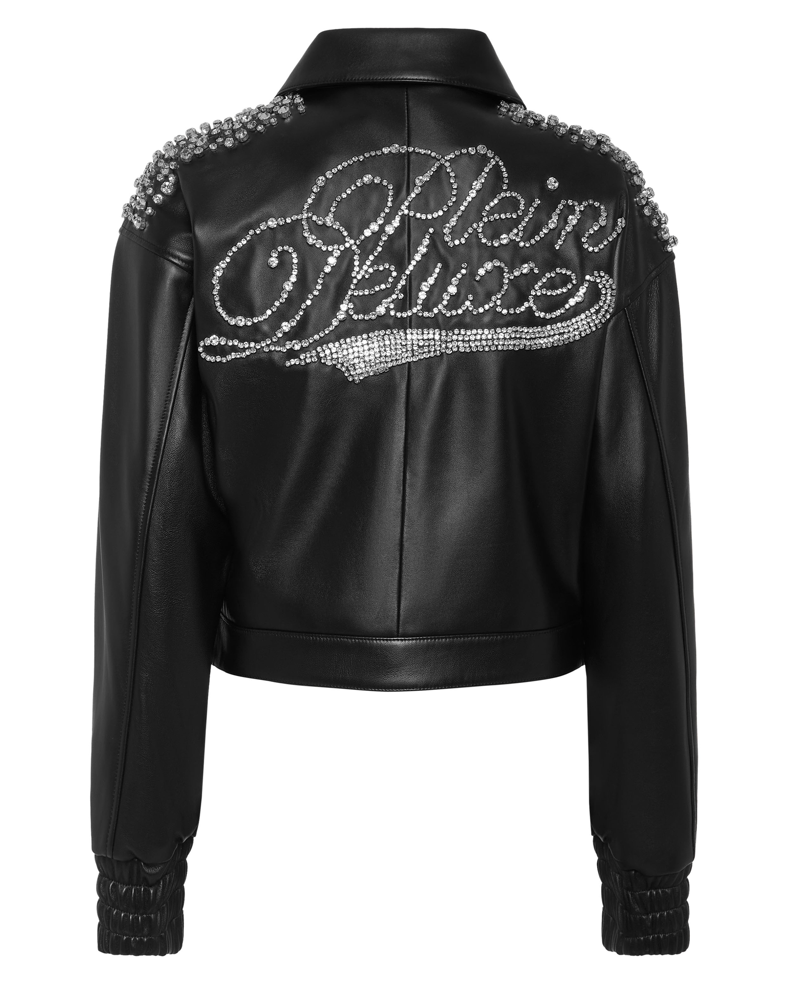 Czarna skórzana kurtka z kryształkami - Image #4