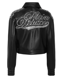 Czarna skórzana kurtka z kryształkami - Image #4